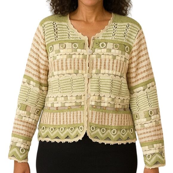 Vintage Shabby Chic Jute Cardigan Woven Multi Textile Sage Cottagecore Boho Chic - Picture 1 of 10